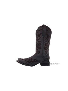 Leather Square Toe Mid Calf Western Boots Low Heel